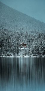 Winter,Nature,Lake,Trees,Snow,Forest,Lodge,Small House