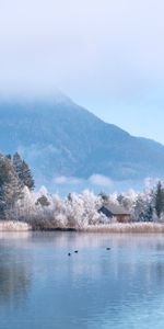 Nature,Arbres,Montagnes,Lac,Hiver,Loger,Petite Maison