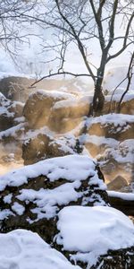 Winter,Nature,Snow,Rocks,Steam,Glow