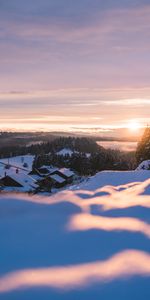 Winter,Nature,Sunset,Snow,Houses,Mountains,Landscape