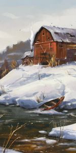 Winter,Rivers,Lodge,Small House,Boat,Art