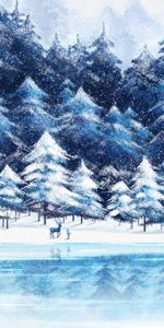 Winter,Silhouette,Art,Snow,Forest,Deer