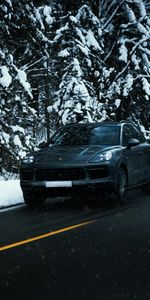 Porsche Cayenne,Снег,Тачки (Cars),Автомобиль,Черный,Дорога,Порш (Porsche),Зима