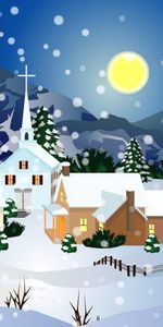 Winter,Snow,Holidays,Houses,Night,Full Moon,Church