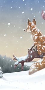 Winter,Snow,Wood,Tree,Fox,Art