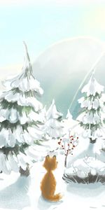 Winter,Trees,Art,Fox,Snow