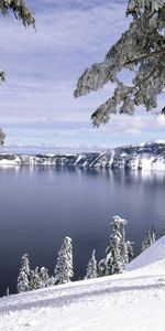 Winter,Trees,Mountains,Shore,Bank,Slope,Nature,Stones,Snow,Cold