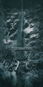 Winter,Trees,Waterfall,Bridge,Nature,Snow